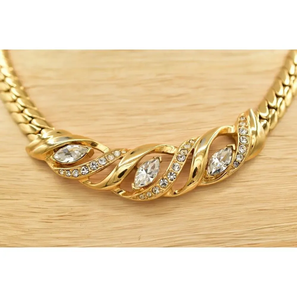 Trifari Vintage Crystal Collar Necklace Heavy Gold Chunky Signed 1960s BinBE